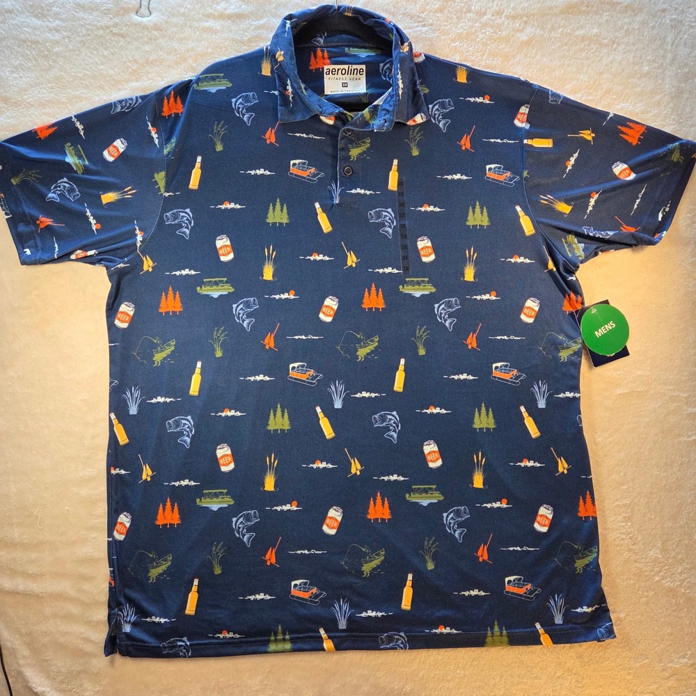 Aeroline Fitness Gear Mens 3X Polo Shirt Navy Fishing Beer Pontoon Novelty NWT